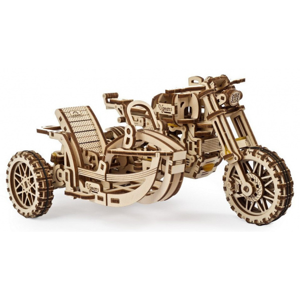 Ugears 3D dřevěné mechanické puzzle UGR-10 Motorka (scrambler) s vozíkem